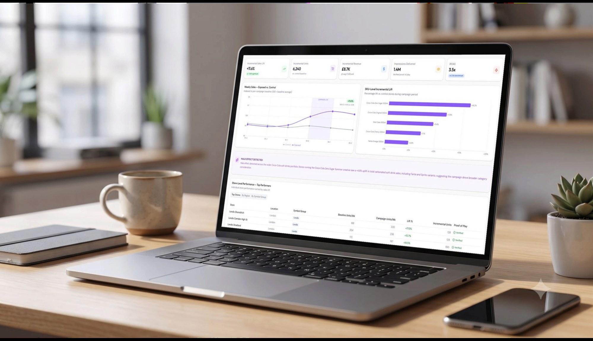The measurement dashboard: incremental sales lift, SKU-level lift and store performance