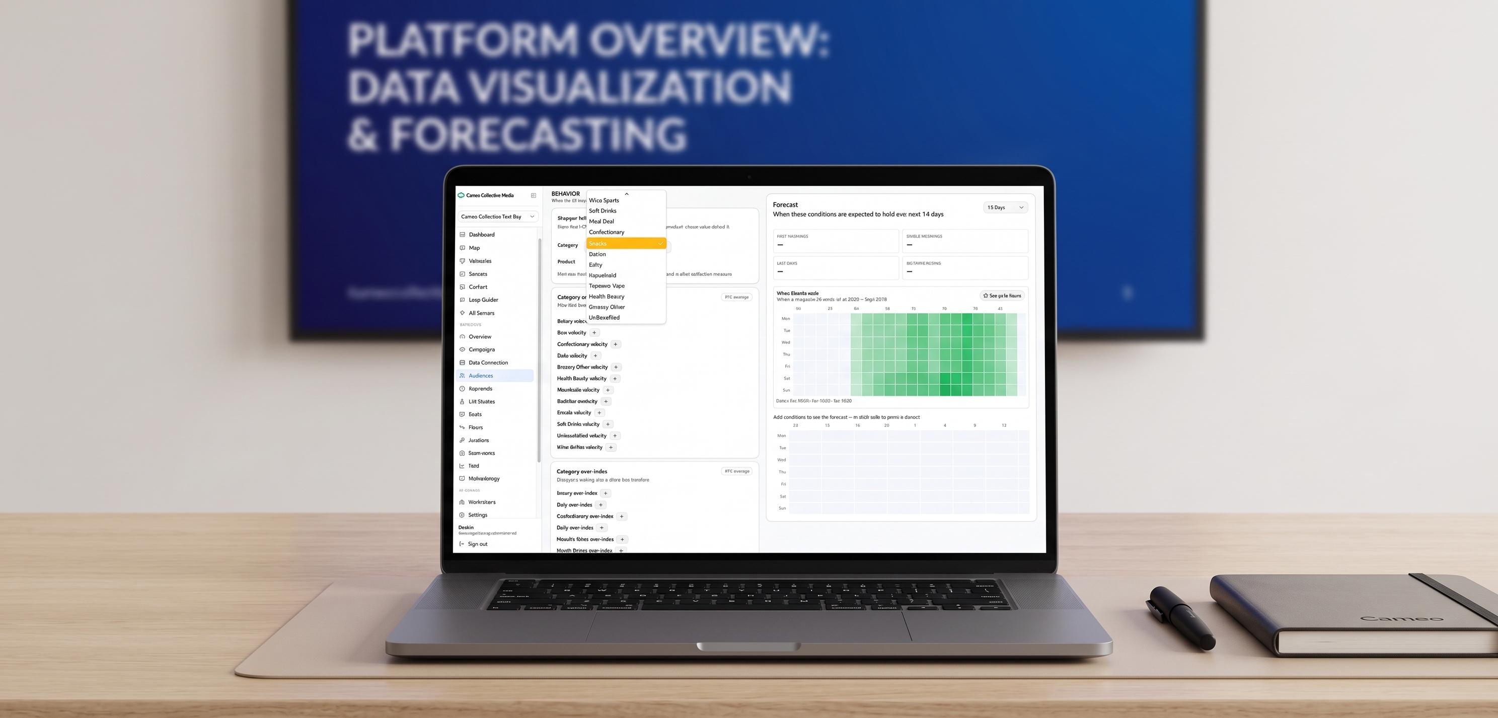The platform's audience builder, with category behaviour and a fourteen day forecast