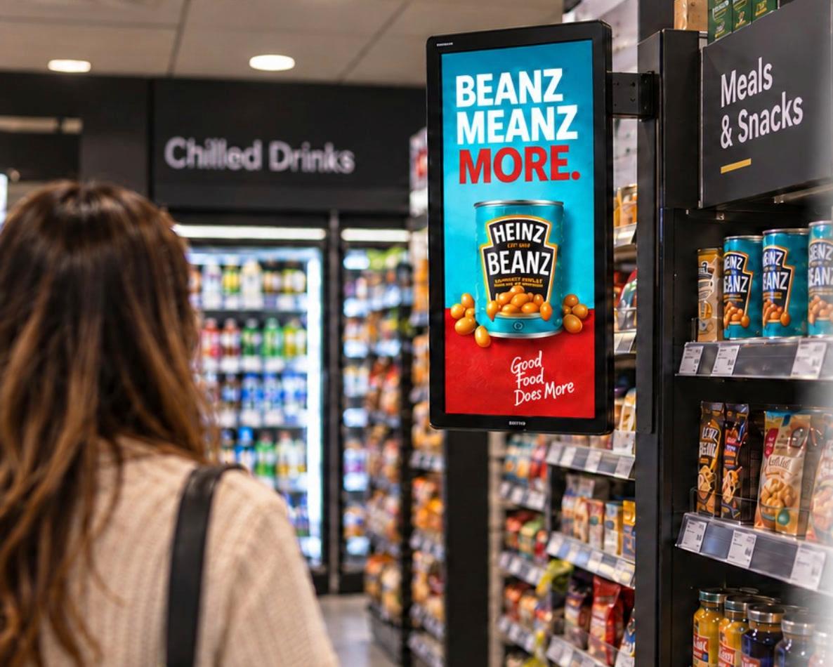 A portrait screen on an aisle end playing a Heinz Beanz campaign as a shopper approaches