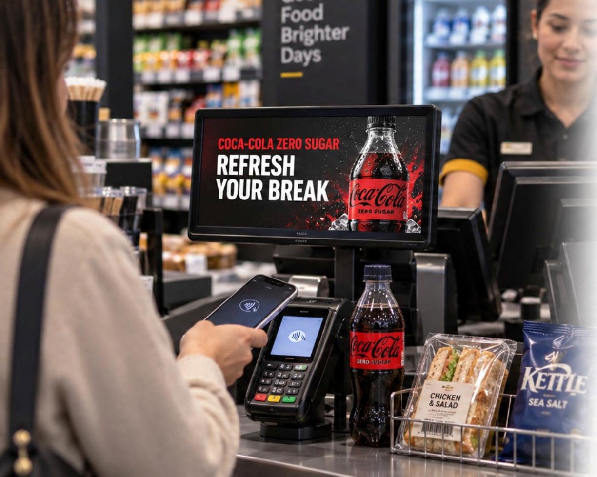 A checkout screen playing Coca-Cola Zero Sugar creative as a shopper pays by phone