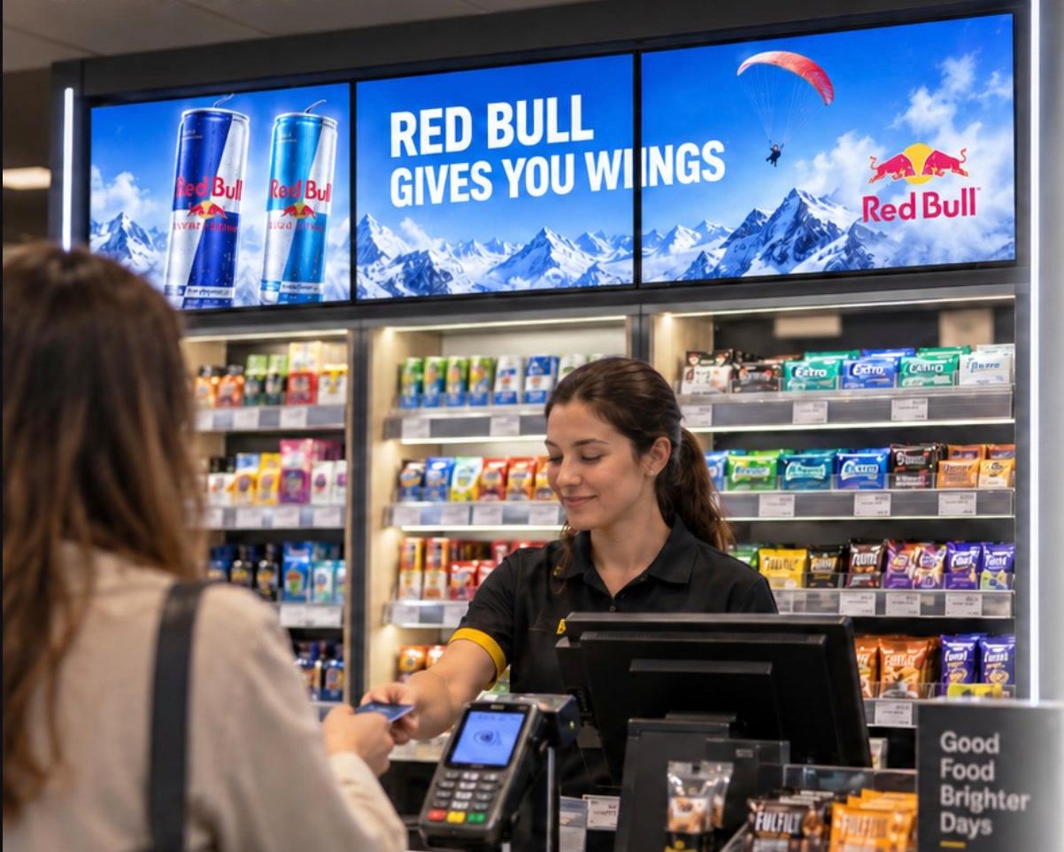 A three-screen gantry above the counter playing a Red Bull campaign as a shopper pays
